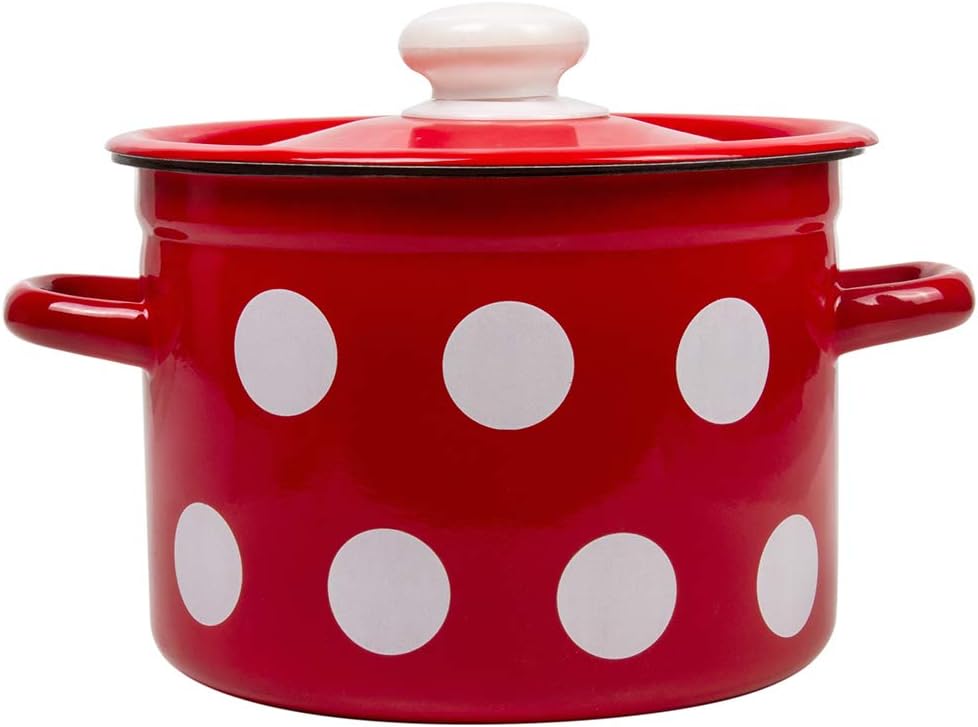Stockpot Enameled Steel Pot Red White Polka-dot Enamelware Pot with Lid Kitchen Pot Cooking Pot (5.5)