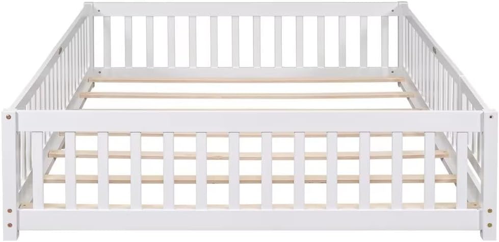 Queen Size Floor Bed, Solid Wood Montessori Floor Bed Frame with Fence-Shaped Guardrails & Small Door & Wood Slats Support for Children, Multifunctional Queen Platform Bed Daybed for Boys Girls, White
