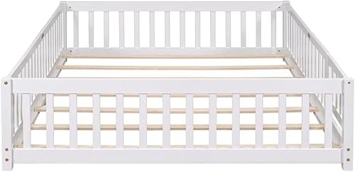 Miniatura 34 de Cama de suelo de tamaño matrimonial, marco de cama Montessori de madera maciza con barandillas en forma de valla y puerta pequeña y listones de