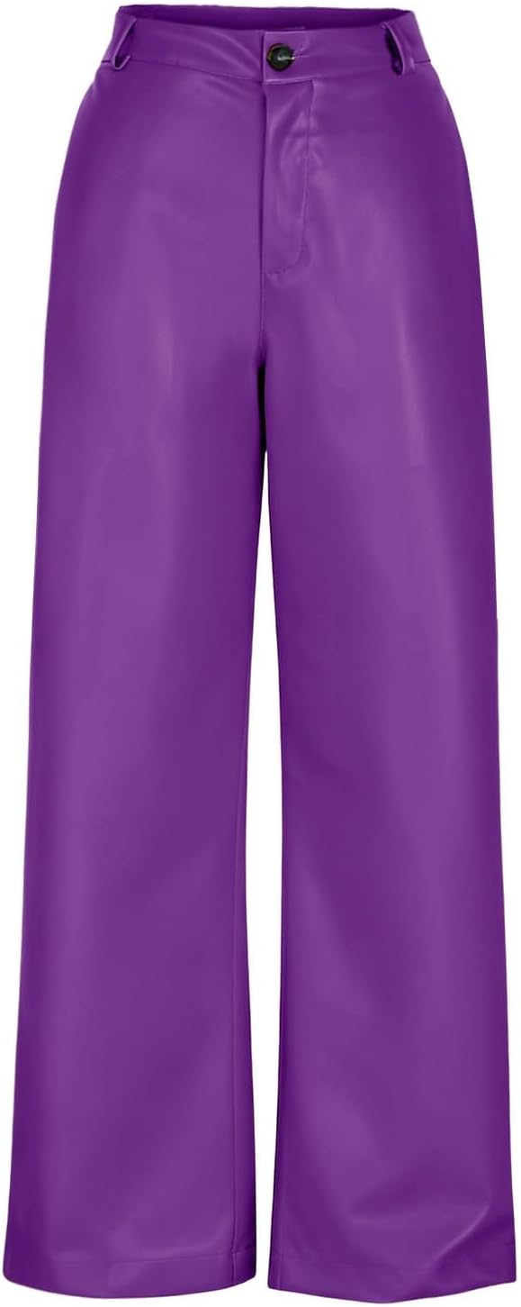 Women's Faux Leather Pants Wide Leg High Waisted Winter Fall Fashion Trousers with Pocket Stretchy Solid Color Pant