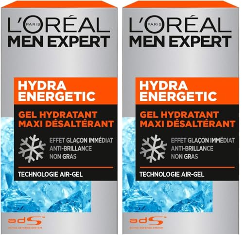 L'Oréal Men Expert - Gel Hydratant Visage pour Homme - Soin Maxi Désaltérant - Effet Glaçon Rafraîchissant - Technologie Air-Gel - Tous Types de Peaux - Hydra Energetic - 50 ml (Lot de 2)