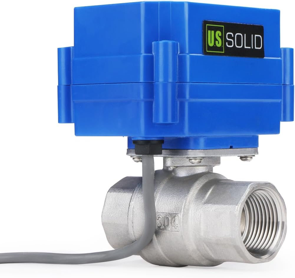 U.S. Solid 3/4" Motorized Ball Valve - NSF Certified 304 Stainless Steel Electric Valve, Normally Closed (N.C.), 9-24V DC, 5-Wire Control with Built-in Visual Open/Closed Position Indicator, Full Port