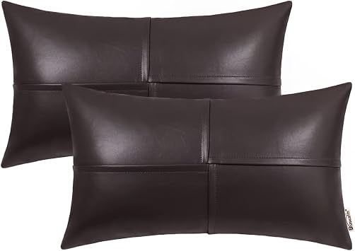 BRAWARM Seal Brown Faux Leather Throw Pillow Covers 12x20 Inches, 2 Pack