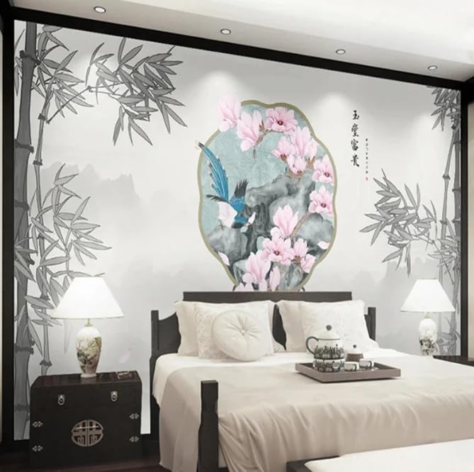 Papier peint 3D panoramique bambou magnolia lavable et résistant pour mur TV 200x140