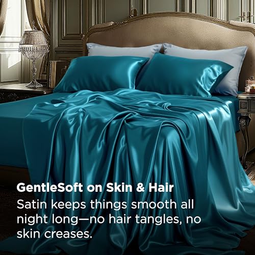 Image of Bedsure Teal Satin Sheets Queen Size, Soft Silky Bedsheets for Hair & Skin | Similar to Silk Bed Sheets Set 4 Piece with 15 Inches Deep Pocket Fitted Sheet,1 Flat Sheet, 2 Satin Pillowcases