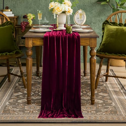 GLORY SEASON Velvet Table Runner Luxurious Solid Long Centerpiece Table Runner Dresser Scarves for Wedding Banquet Baby Shower Bridal Shower Party Dining Decor Amaranth, 20x120 Inch