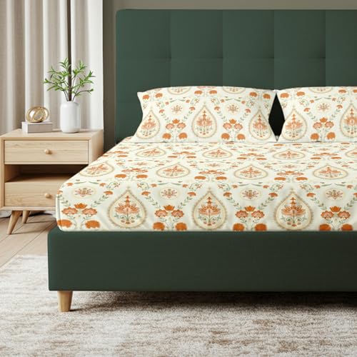 Image of Urban Space Serene 200 TC 100% Cotton Bedsheet for King Bed, Cotton King Bedsheet with 2 Pillow Covers (Persian-Courtyard Buttercream, Size 108 x 108 inches)