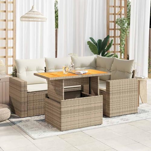 Vetnasa Juego de sofás jardín con Cojines 5 pzas ratán sintético Beige Mobiliario, Muebles de jardín, Conjuntos de jardín Beige 51,1 KG