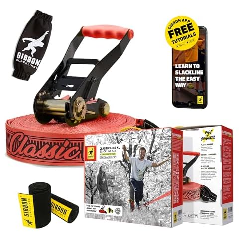 GIBBON Slackline Kit - ClassicLine XL Red with TreeWear - 82ft Slack Line (74ft Line + 8ft Ratchet Strap with Reinforced Loop) 2" Line, GIBBON Signature Ratchet with RatPad Ratchet Protection Cover