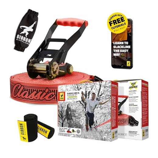 Gibbon Slacklines Classicline XL with treewear, red, 82ft (74ft line + 8ft Ratchet Strap with Reinforced Loop) incl. Ratchet Protection, Tree and line Protection (Black Felt), 50mm/2" Wide