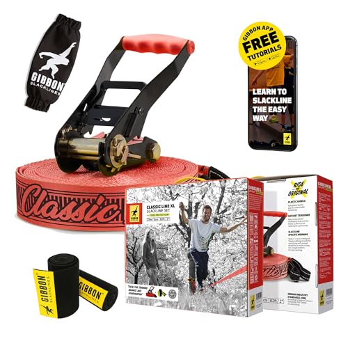 GIBBON ClassicLine XL Slackline Red with TreeWear - 82ft Slack Line - 74ft x 2” Line & 8ft Ratchet Strap with Reinforced Loop - Signature Ratchet