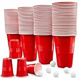 Bellanova Lot de 100 Gobelets Plastique Réutilisables 500 ml avec 10 Balles de Ping Pong, Gobelets Rouges pour Activités de Groupe, Fêtes et Camping (100 Rouge)