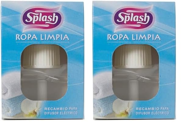 SPLASH | Ambientador Eléctrico | Duradero, Refresca y Elimina Olores | Cartón FSC | Fragancia Fresca Ropa Limpia | 25 ml (Paquete de 2)