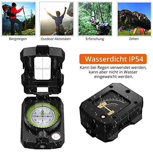 Foto von Wanderkompass mit Neigungsmesser IP65 Wasserdichter Militärkompass Professioneller Kompass Multifunktioneller Handkompass mit Tragetasche für Camping Jagd Wandern Geologie Aktivitäten - Schwarz