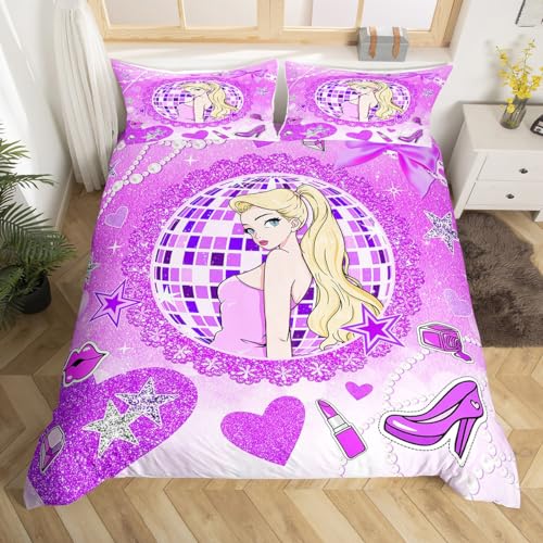 Girly Princess Kids Duvet Cover Set Full Size,High-Heeled Shoes Lip Bowknot Romantic Bedding Set,Girls Women Room Decor,Glitter Sequin Diamond Comforter Cover,Purple Dreamy Quilt Cover,2 Pillowcases
