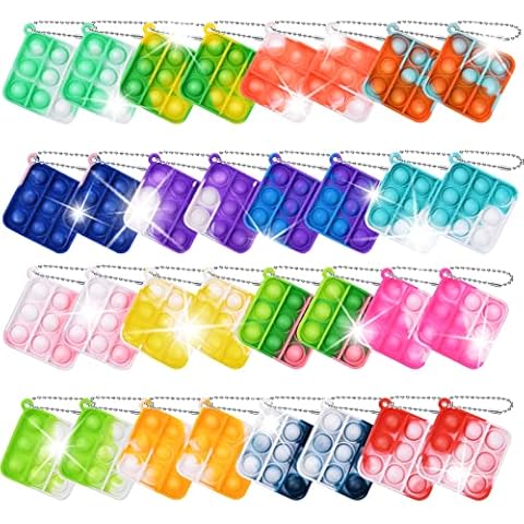 Ainiv 32 PCS Mini Fidget Pop Bubble Toys, Square Squeeze Toys with Keyring, Poppet Bubble Sensory Toys, Stress Anxiety Relief Toys Desk Toy Wrap for ADHD, Autism, for School Kids Office Adult Cover
