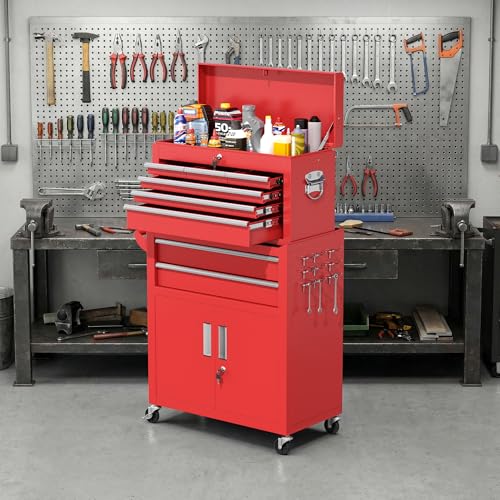 Greenvelly Tool Chest, 8-Drawer Rolling Tool Chest with Hooks and Lockable Wheels,Metal Storage Detachable Top Tool Box with Lockable Wheels for Garage,Workshop,Art Studio(Red)