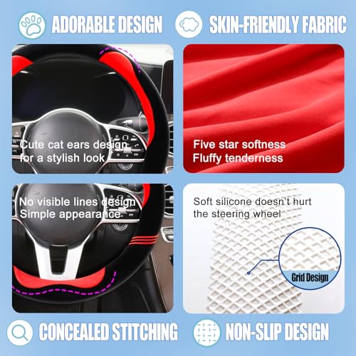 Binsheo Furry Cute Soft Steering Wheel Cover 15 inch Black with Red by Binsheo - Used condition - Image 3