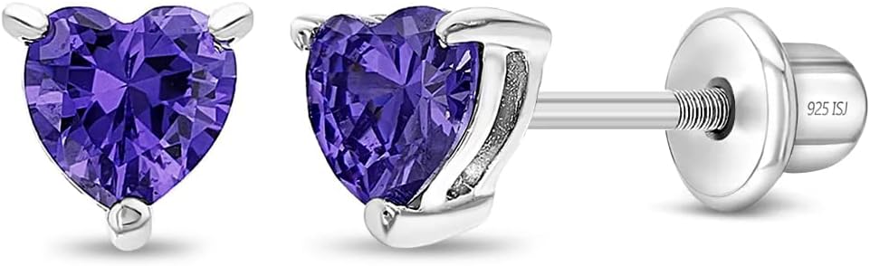 - CZ Birthstone Heart Kids Earrings - 925 Sterling Silver Hypoallergenic Earrings for Girls with Safety Screw Backs - Safe & Comfortable for Toddlers, Kids & Little Girls