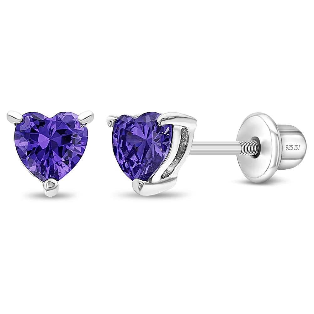 CZ Birthstone Heart Kids Earrings - 925 Sterling Silver Hypoallergenic Earrings for Girls with Safety Screw Backs - Safe & Comfortable for Toddlers, Kids & Little Girls