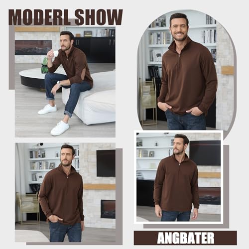 Angbater Men’s Polo Shirts Lapel Collar Zipper Up Pullover Mock Neck Long Sleeve Golf Polo Sweatshirts with Elbow Patches2