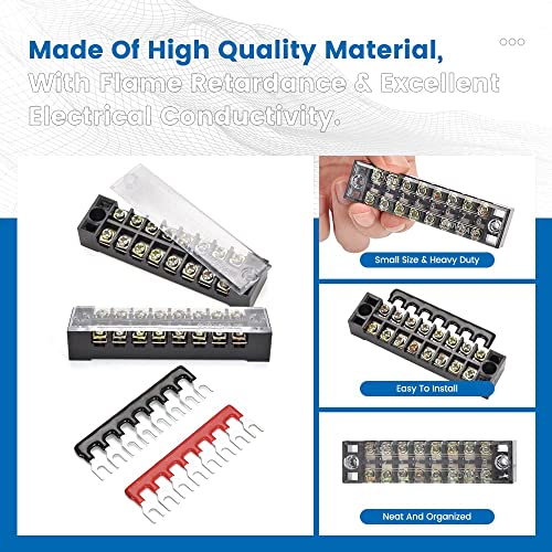 Greluma Klemmenblock und Streifen – 6 Sets 8/10/12 Positionen 600V 15A Zweireihiger Schraubklemm-Leisten-Block mit Abdeckung + 400 V 10 A vorisolierte Klemmen Absperrstreifen Jumper