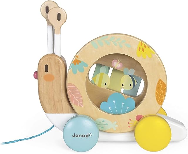 Janod - Caracol de Madera Que Gira al Caminar - Juguete de Madera con Xilófono y Pandereta - Pintura al Agua - Juguete Educativo de Despertar Musical - A Partir de 1 Año, J05159