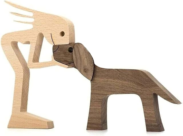 Family Puppy Wooden Carving Ornaments,Pet Lover Gifts Wood Sculpture,Small Living Room Decor Women and Dog Statue Wood Decorations for Home (Women and Dog)