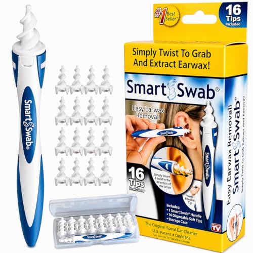 Smart Swab Spiral Ear Cleaner – Patented Reusable Ear Wax Removal Tool with 16 Soft Silicone Replacement Tips & Portable Case | Safe, Painless QGrips-Style Earwax Remover for Adults & Family