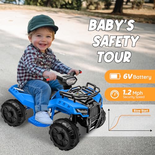 XCAR 6V ATV for Kids, 4 Wheeler for Toddlers with Music, Horn, Lights, 1.2mph Max Speed, Blue
