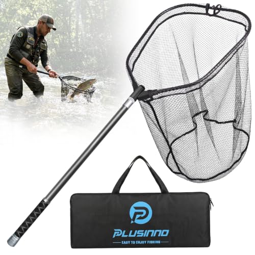 PLUSINNO Large Fishing Net, 3.4 FT Carbon Fiber Fish Net with Long Telescoping Handle, Kayak Fishing Gear Accessories Foldable Landing Net for Bass, Trout, Catfish, Fishing Gifts for Men Father