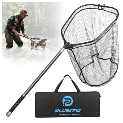 PLUSINNO Large Fishing Net, 3.4 FT Carbon Fiber Fish Net with Long Telescoping Handle, Kayak Fishing Gear Accessories Foldable Landing Net for Bass, Trout, Catfish, Fishing Gifts for Men Father