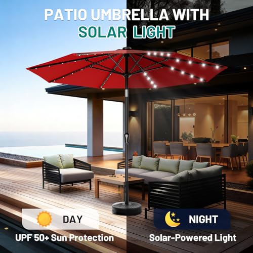 Image of AreShark 9FT Patio Umbrella with Solar Lights, 32 Lighted Pool Umbrella w /Tilt and Crank, Outdoor Market Solar Umbrellas for Garden, Deck, Backyard, Pool and Beach, Red