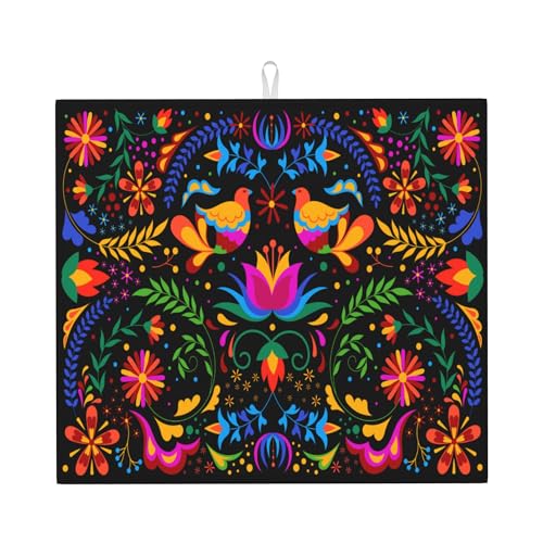 Mexican Dish Drying Mat for Kitchen Counter Mexican Flower Decorative Dish Drainer Rack Mats 16x18 Inch Absorbent Reversible Drying Pad Black