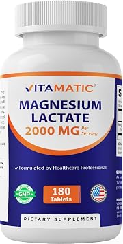 Vitamatic Magnesium Lactate 2000mg per Serving 180 Tablets Supports Muscle, Heart, Bone & Nervous System Health* Non-GMO, Gluten Free, No Artificial Additives