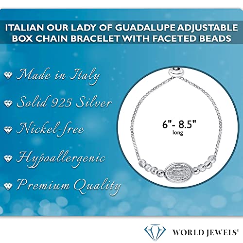 World Jewels 925 Sterling Silver Our Lady Of Guadalupe Italian Charm Bracelet - Adjustable Bracelets For Women & Teen Girl, Bead Bracelet, Box Chain Link - Catholic Gifts, Fit 6-8.5 Inch Wrist #TOP3