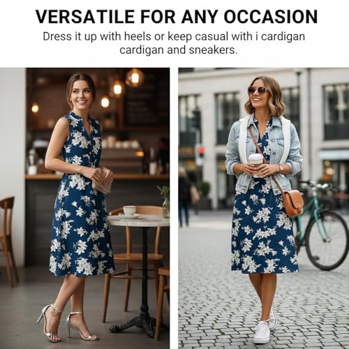 Image of Women Casual Dress Summer Stripe Button V Neck Sleeveless with Pocket Long Dresses Holiday Beach Party Midi Dress