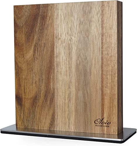 Bloque magnético para cuchillos en ambos lados para hasta 8 cuchillos, diseño atemporal de madera maciza (grosor de la madera de 3,5 cm), madera de acacia con fuertes imanes y base de acero inoxidable