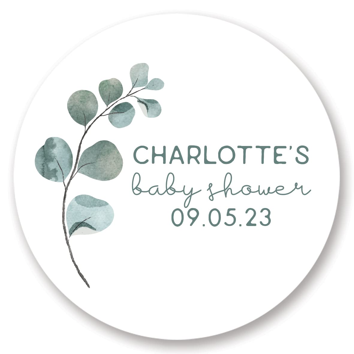 Personalised Baby Shower Favour Stickers/Labels - Natural Boho Green Eucalyptus Design (37mm (35 per Sheet), Personalised Baby Shower)