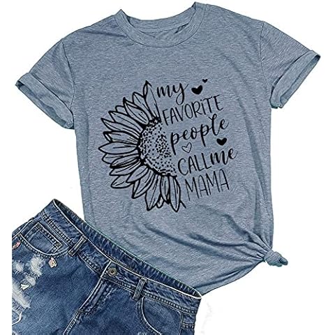 Cute Mama Shirts Summer Sunflower Graphic Short Sleeve Tee Tops My Favorite People Call Me Mama Casual Loose Letter Printed Shirts,Ink Blue S Cover