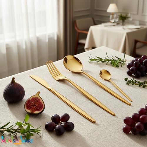 Image of Slim Handle Gold 16 Pcs Stainless Steel Cutlery Set for Dining Table, Dishwasher Safe Glossy Flatware (4 Spoon Set + 4 Forks Set + 4 Butter Knife + 4 Dessert Spoon)