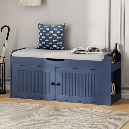 HOTAMO 39.4" Storage Bench - Entryway Shoe Bench with Side Storage Shelves and 2 Doors, Multifunctional Entryway Bench with Lift Top Cushion, Shoe Storage Bench for Bedroom, Living Room, Navy Blue