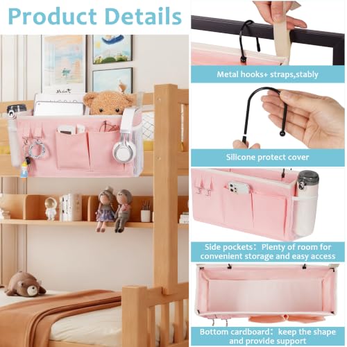 Image of Loghot Bedside Caddy /Bedside Storage Bag Hanging Organizer for Bunk and Hospital Beds,Dorm Rooms Bed Rails,Can be Placed Glasses,Books,Mobile Phones,Keys (Light Pink)