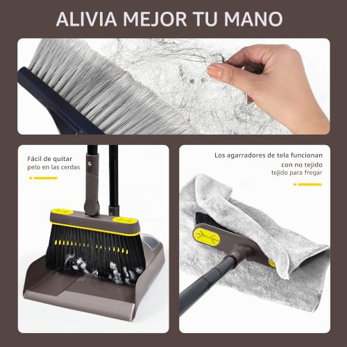 Miniatura 5 de Jehonn Escoba Alta Y Recogedor Plegable, Cepillo Barrer De Mango Largo, Juego De Sartenes Para Interior Con Giratorio De 180 Grados Cabeza Para Cepillos Para Barrido De Casa Marrón Amarillo