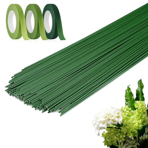 anyuan boy 150 Stück Blumendraht Grün mit 3 Rollen Floristenband 30cm Draht Grün Steckdraht Floristik für Bouquet Blumensträuße, Handwer,Partydekoration