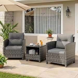UDPATIO 3-Teiliges Rattan Gartenmöbel Set für 2 Personen, Balkonmöbel Set mit 2 Sesseln & Kaffeetisch, Outdoor Lounge Gartenmöbel Set für Garten, Poolbereich, Balkon & Terrasse (Grau-meliert)