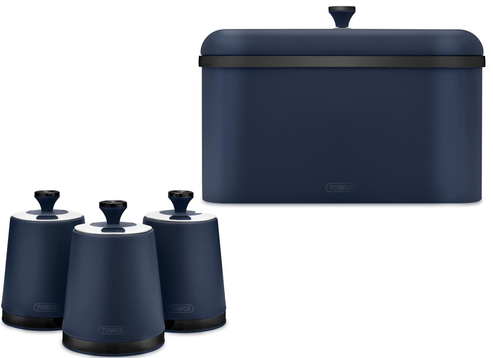 Tower Sera Midnight Blue Breadbin & Tea, Coffee, Sugar Canisters. Contemporary Matching Kitchen Storage Set in Matte Midnight Blue Finish with Stylish Black Smoked Trim