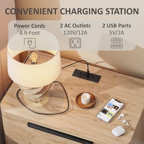 Image of Nightstands Set of 2, Bedside Table with 3 Storage Drawers, 24 inch Tall Wood Night Stand with Charging Station, Modern Wide End Table Side Table W /Metal Handle Curved Profile for Bedroom