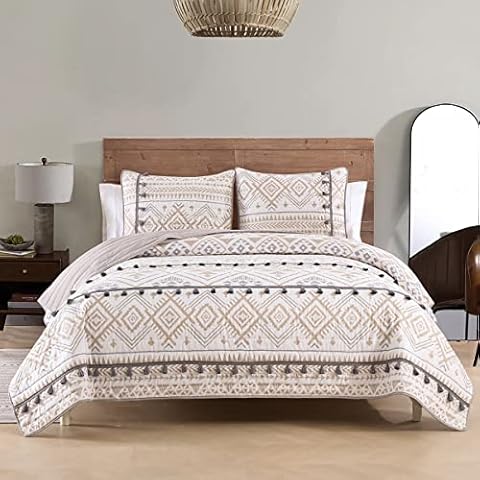 HORIMOTE HOME Boho Style Beige King Quilt Set with Tassle, Soft and Lightweight Bedspread for All Season, Full Size Bed Coverlet with 2 Matching Pillow Shams (3 Piece) Cover