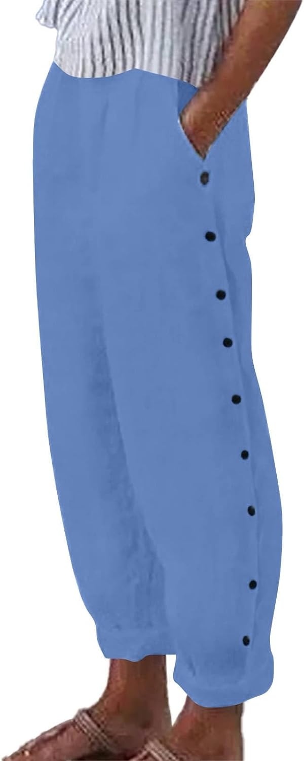 Chanpning Pantalon 7/8 Femme Rayé Fluide Ample - Pantalon Lin Été Taille Haute Avec Poches Pour Plage Et Décontracté